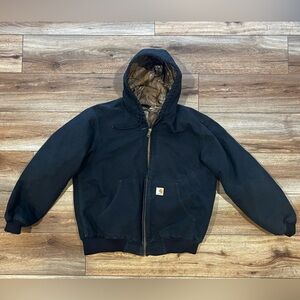 Carhartt Jacket Mens L Black Duck Canvas Hooded Realtree Camo Fleece Lined Work